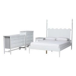 Baxton Studio Brantley Spindle 4-Piece Bedroom Set - Farmhouse Bed Frame with Matching Dresser, Chest, and 1-Drawer Nightstand, White, King